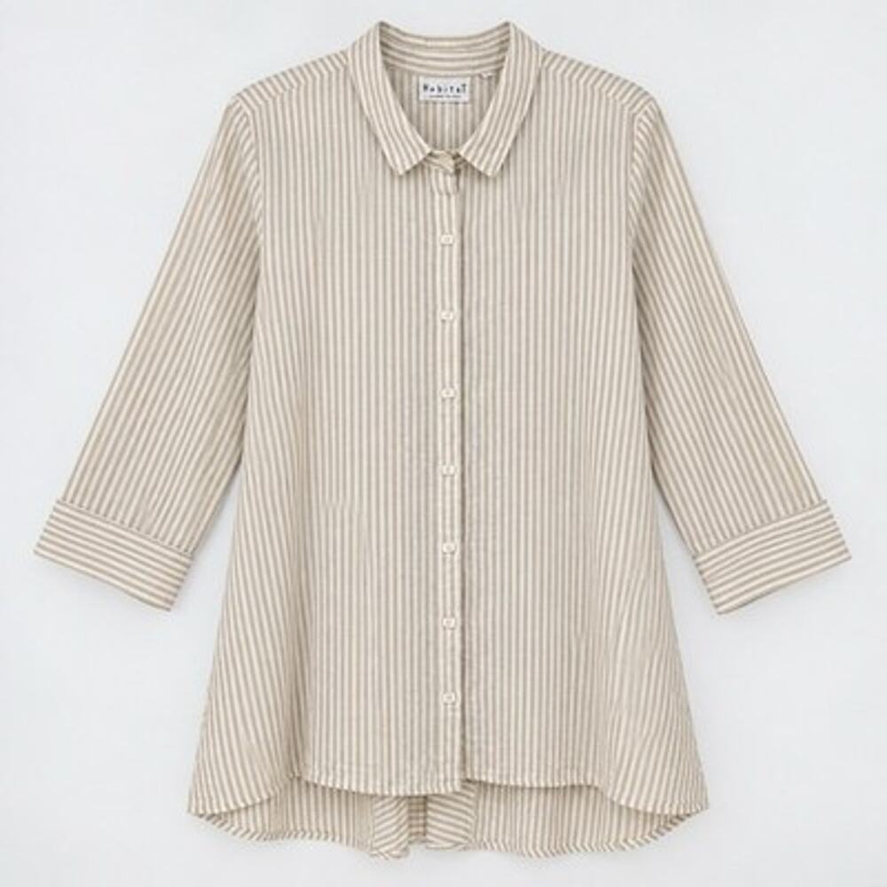 Habitat Clothes Poplin Cotton Button Up Tunic Large Beige Striped Long Sleeve